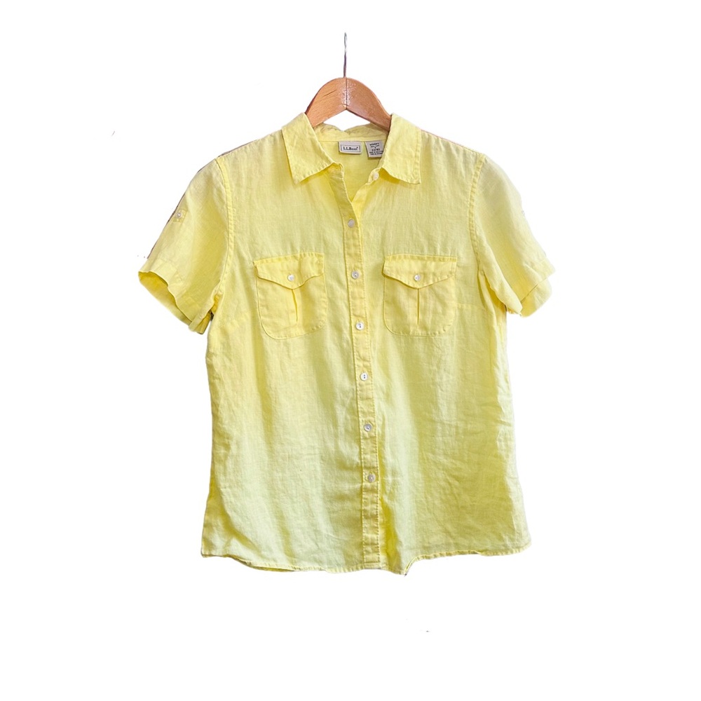 LL Bean Tab Sleeve Button Down Shirt 100% Linen Women’s Size S Small Yellow